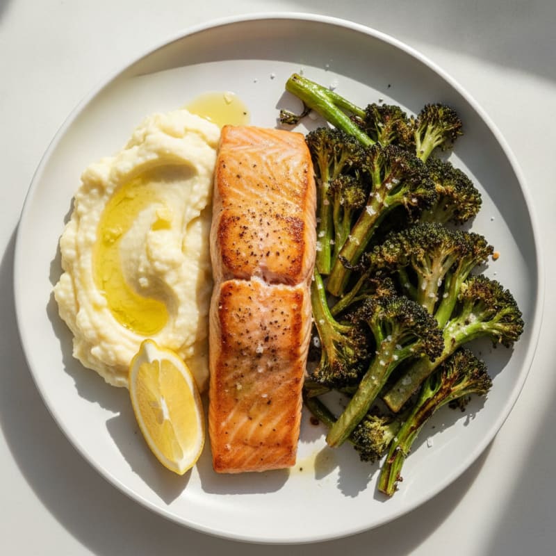 Seared Salmon with Roasted Broccoli and Garlic Mashed Cauliflower