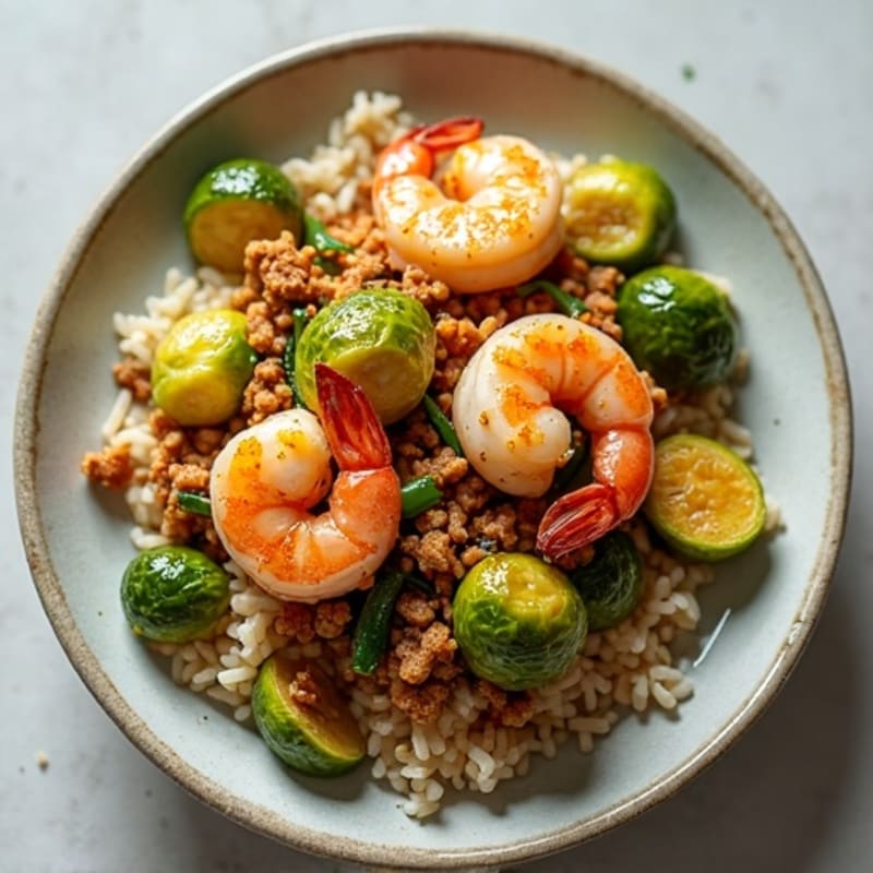 Crispy Ground Turkey and Shrimp Stir Fry with Brussel Sprouts and Jasmine Rice
