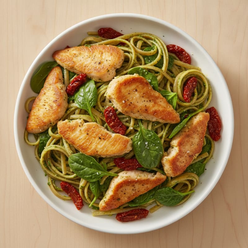Pesto Chicken Linguine with Sun-Dried Tomatoes