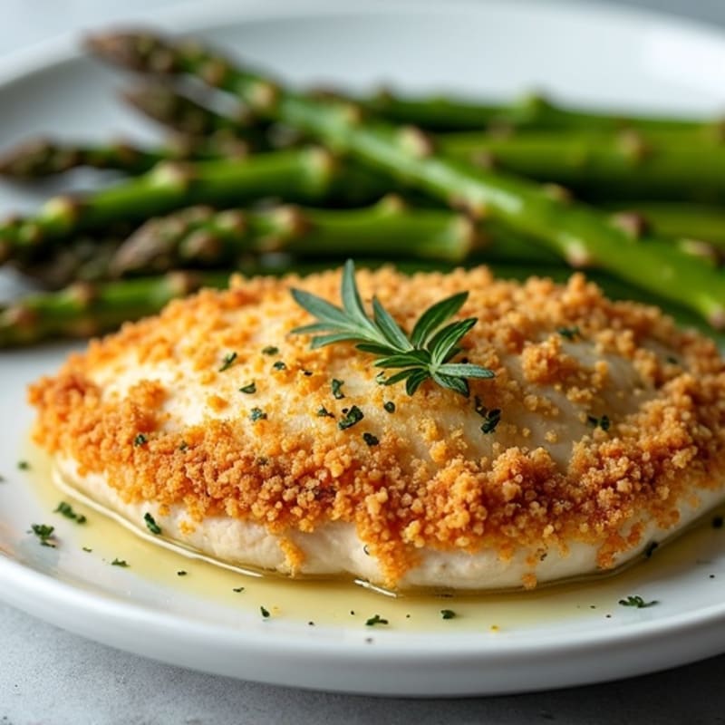 Crispy Baked Herb-Crusted Chicken Breast with Roasted Asparagus