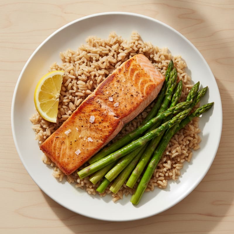 Seared Salmon with Steamed Asparagus and Brown Rice