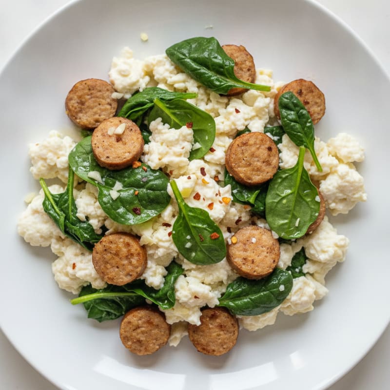 Egg White and Turkey Sausage Scramble with Sautéed Spinach