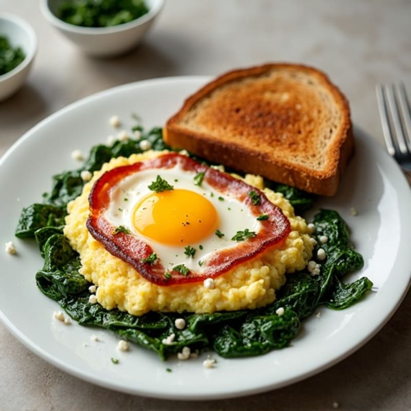 Crispy Turkey Bacon and Egg White Scramble with Sautéed Spinach