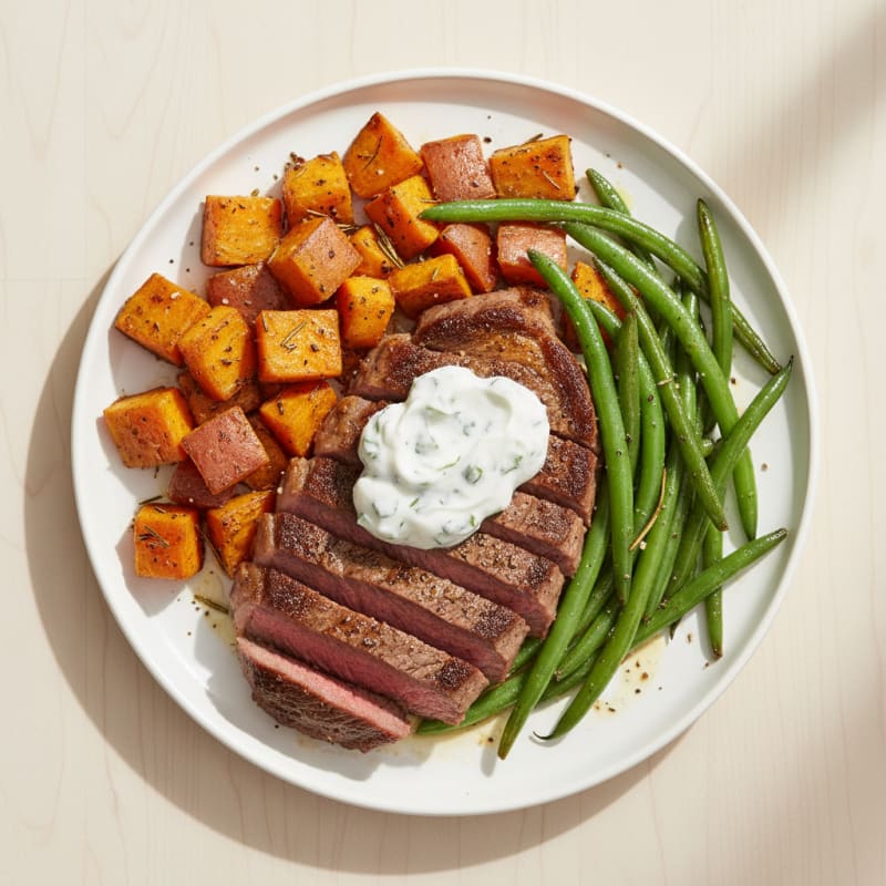Seared Steak with Roasted Sweet Potatoes and Green Beans