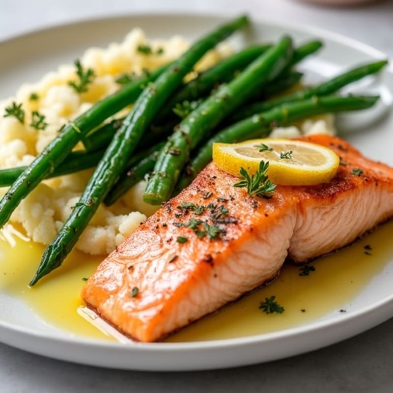 Seared Salmon Fillet with Garlic Green Beans and Cauliflower Mash