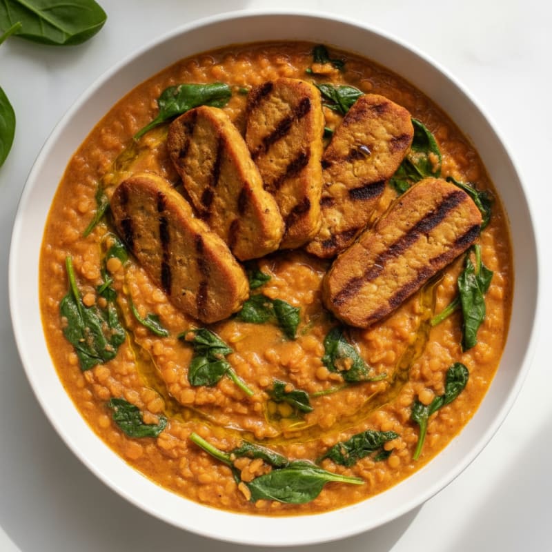 Creamy Lentil and Spinach Stew with Grilled Tempeh