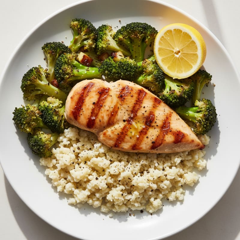 Grilled Chicken Breast with Roasted Broccoli and Cauliflower Rice