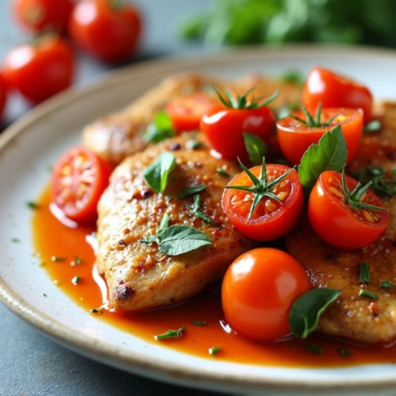 Chicken Braised with Fresh Tomatoes, Bell Peppers, and Herbs