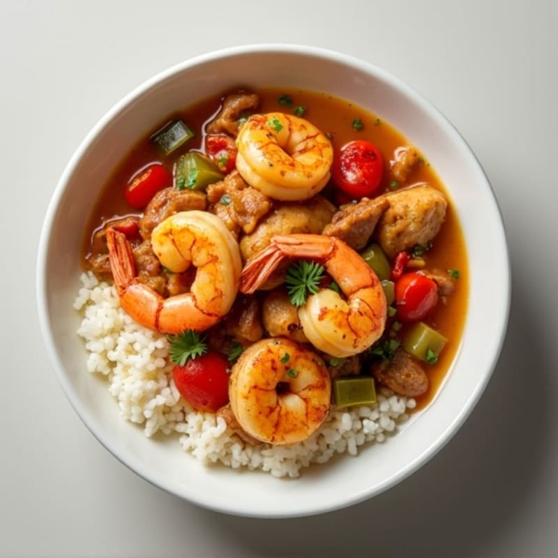 Spicy Shrimp and Chicken Gumbo with Cauliflower Rice