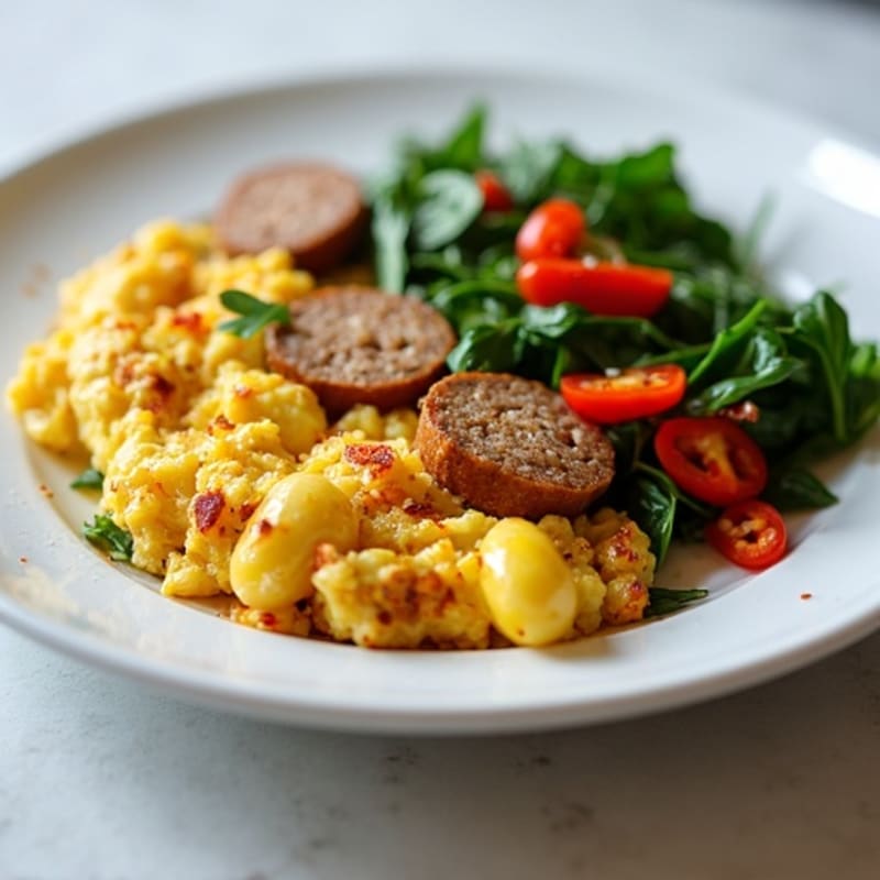 High Protein Egg and Turkey Sausage Scramble with Sautéed Greens