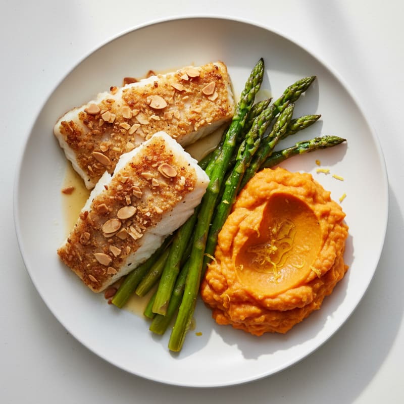 Crispy Baked Cod with Roasted Asparagus and Sweet Potato Mash
