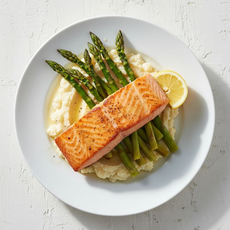 Seared Salmon with Roasted Asparagus and Cauliflower Mash