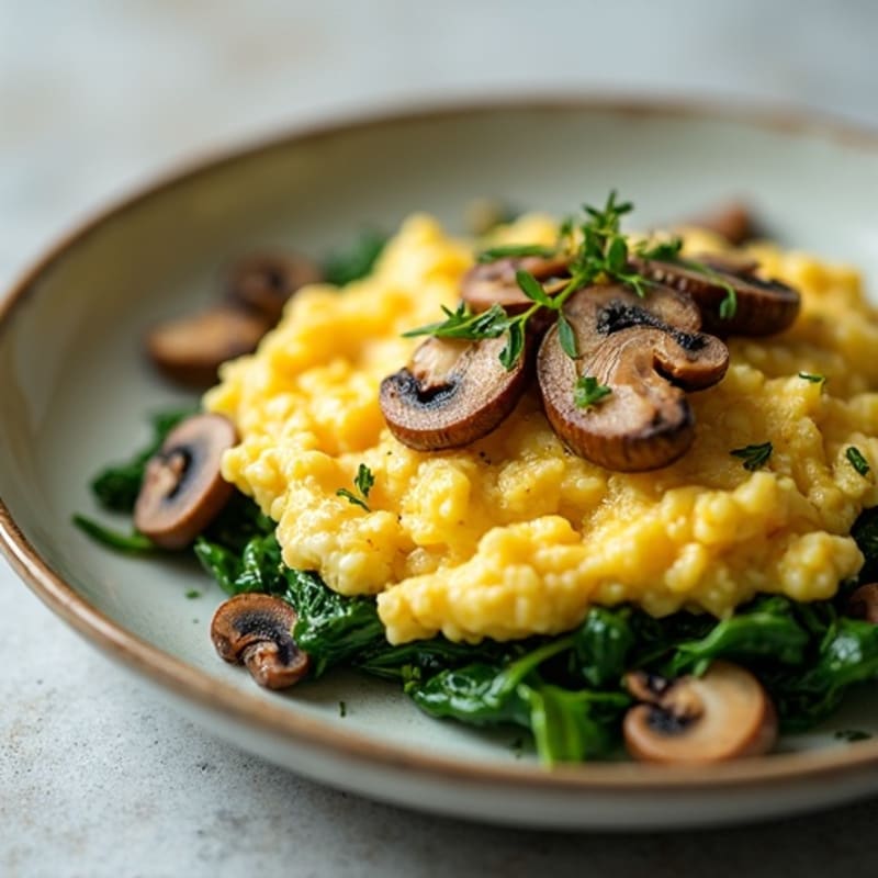 Creamy Scrambled Eggs with Sautéed Mushrooms and Wilted Spinach