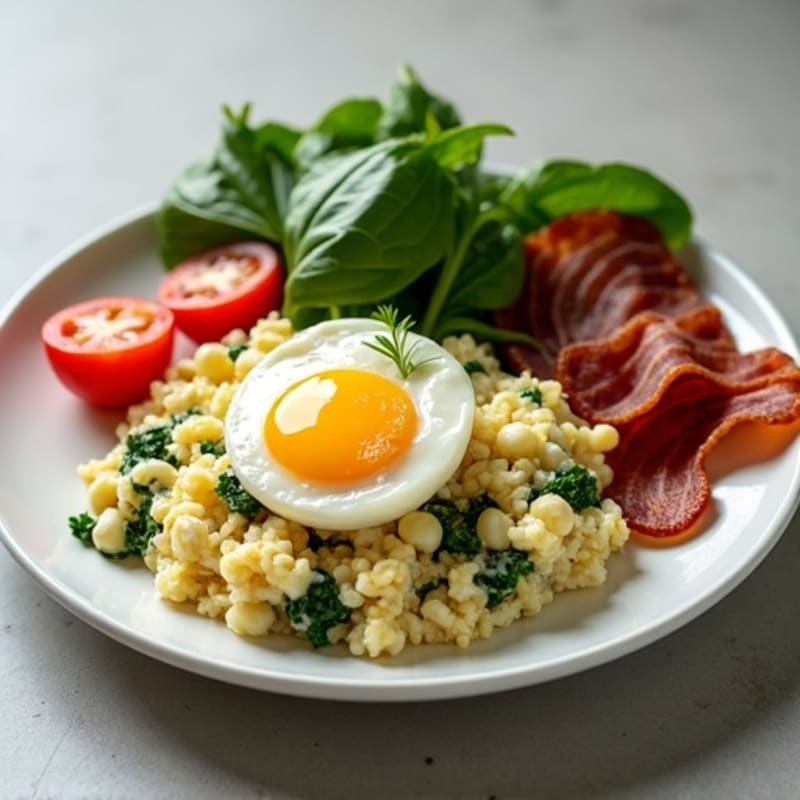 Egg White Spinach Scramble with Cottage Cheese and Turkey Bacon