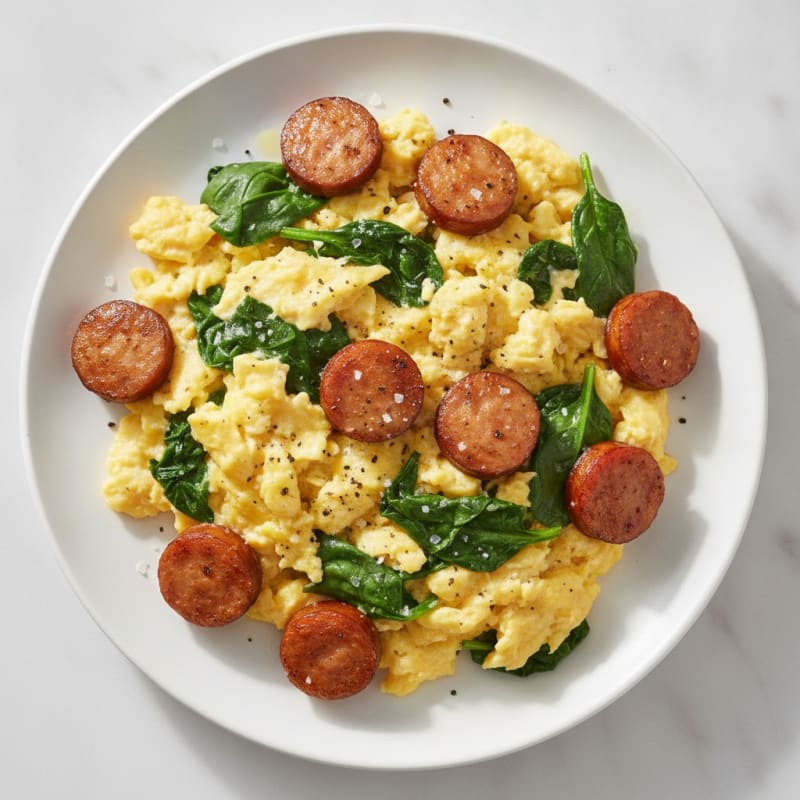 Scrambled Eggs with Chicken Sausage and Spinach