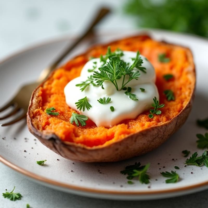 Crispy-Skinned Sweet Potato with Greek Yogurt and Herbs