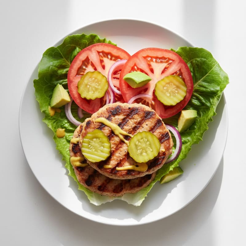 Grilled Turkey Burger Lettuce Wrap with Tomato and Pickles