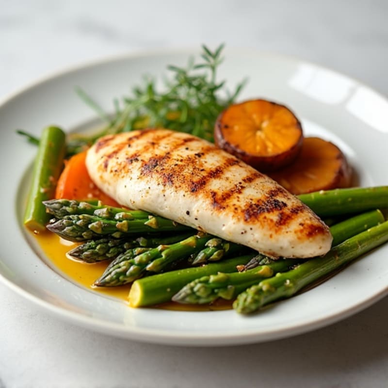 Seared Chicken Breast with Roasted Asparagus and Sweet Potato