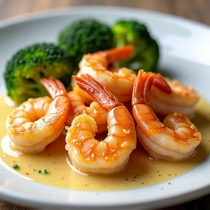 Pan-Seared Shrimp with Silky Garlic Butter Sauce and Roasted Broccoli