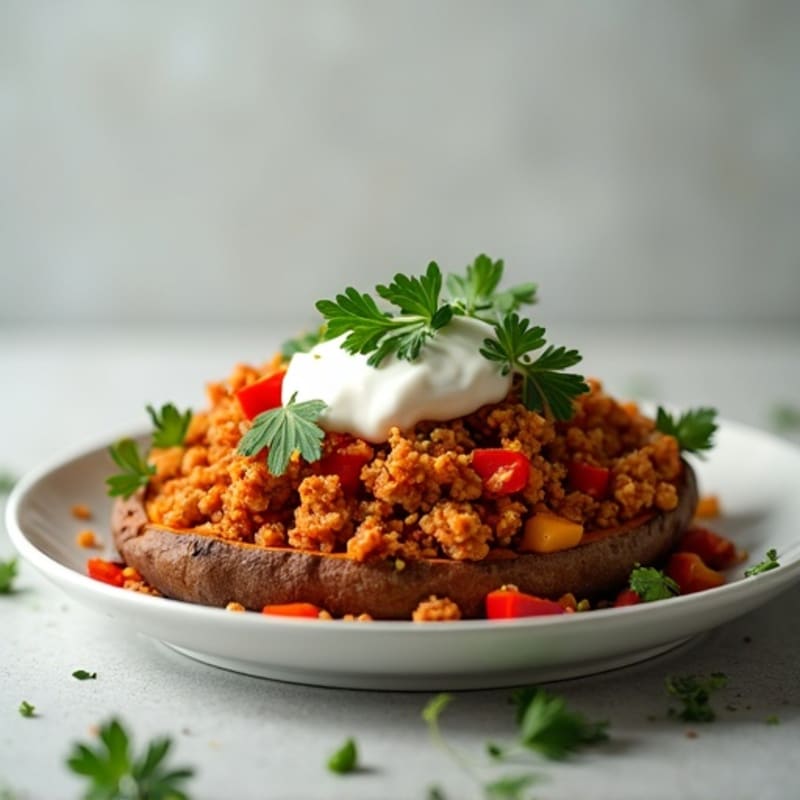 Loaded Baked Sweet Potato with Savory Ground Chicken and Fresh Herbs