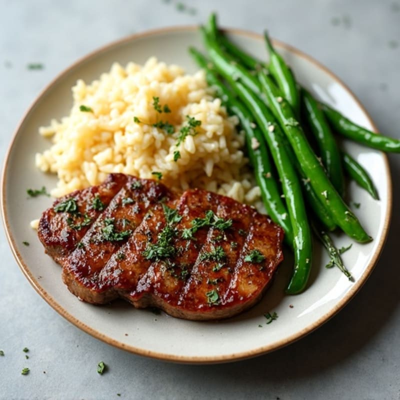 Garlic-Herb Pan Seared Steak with Jasmine Rice and Crispy Green Beans