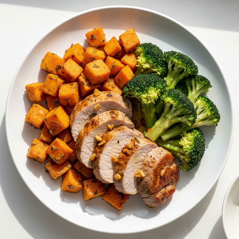 Seared Pork Tenderloin with Roasted Sweet Potatoes and Steamed Broccoli