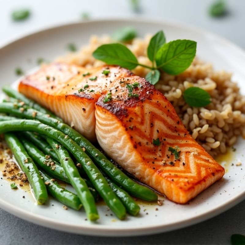 Seared Salmon with Garlic Green Beans and Brown Rice