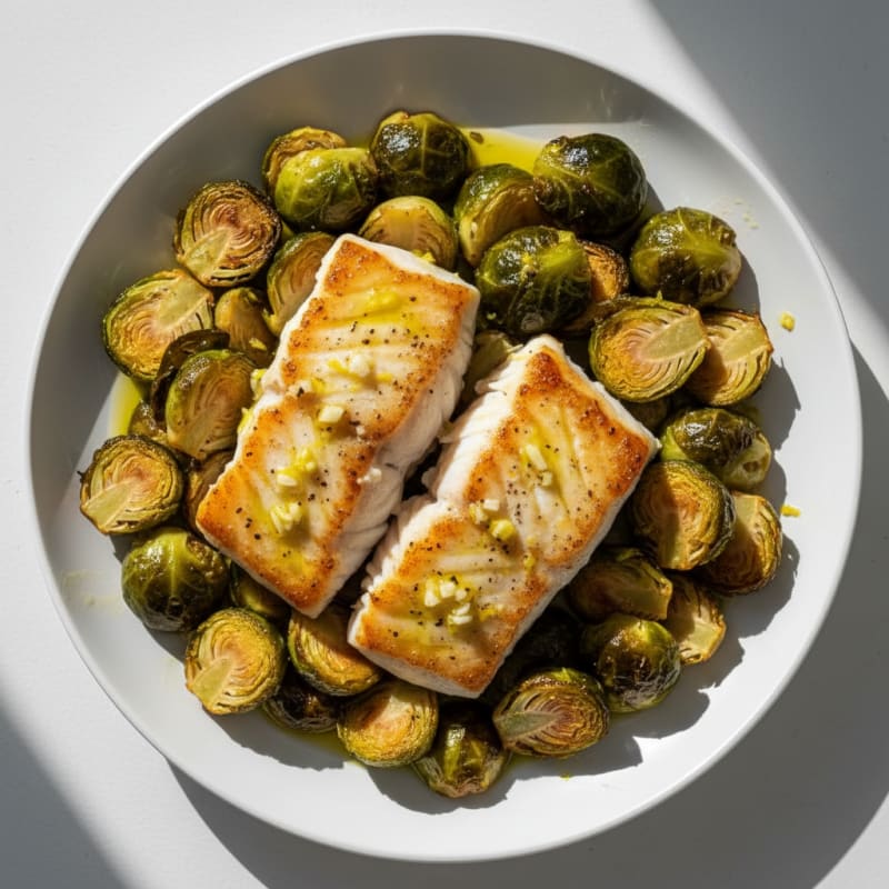 Seared Cod with Roasted Brussels Sprouts and Olive Oil Drizzle