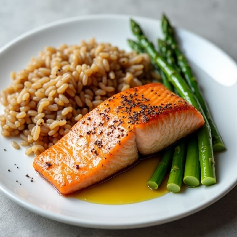 Seared Salmon Fillet with Steamed Asparagus and Brown Rice