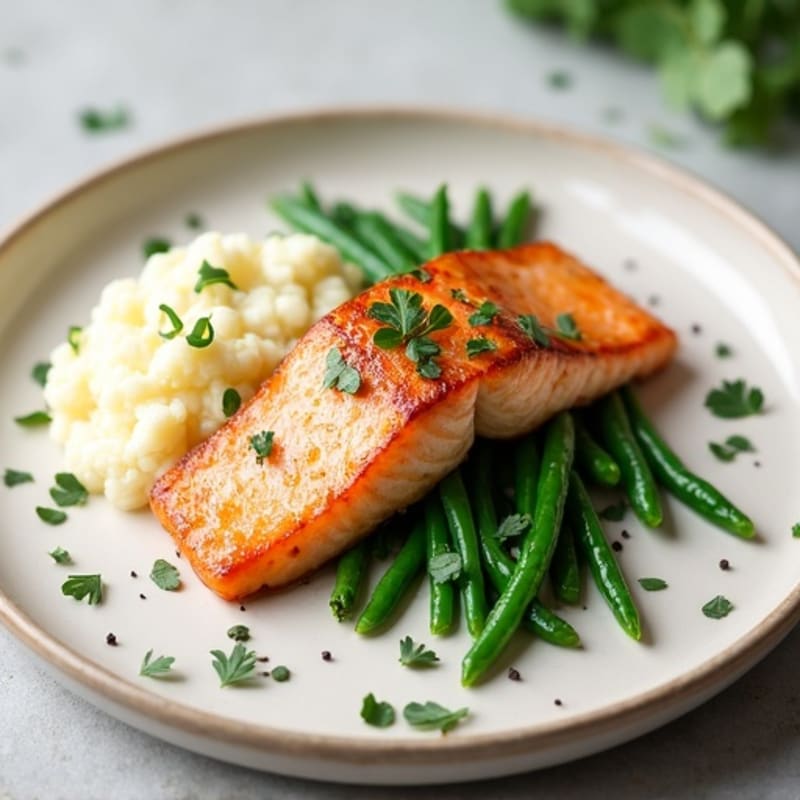 Seared Salmon with Steamed Green Beans and Cauliflower Mash