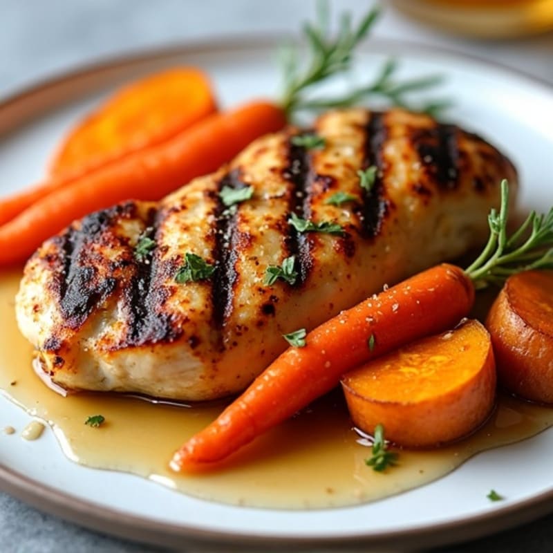 Honey-Garlic Grilled Chicken with Roasted Sweet Potato and Glazed Carrots