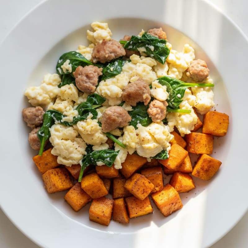 Egg White and Turkey Sausage Scramble with Spinach and Roasted Sweet Potatoes