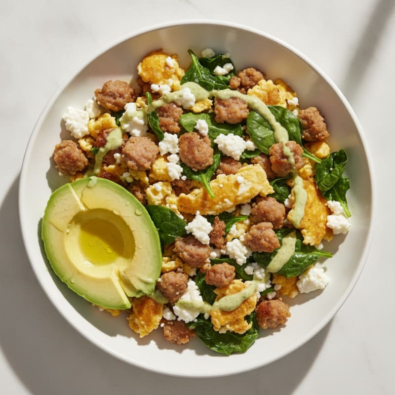 Cottage Cheese Egg Scramble with Spinach and Turkey Sausage