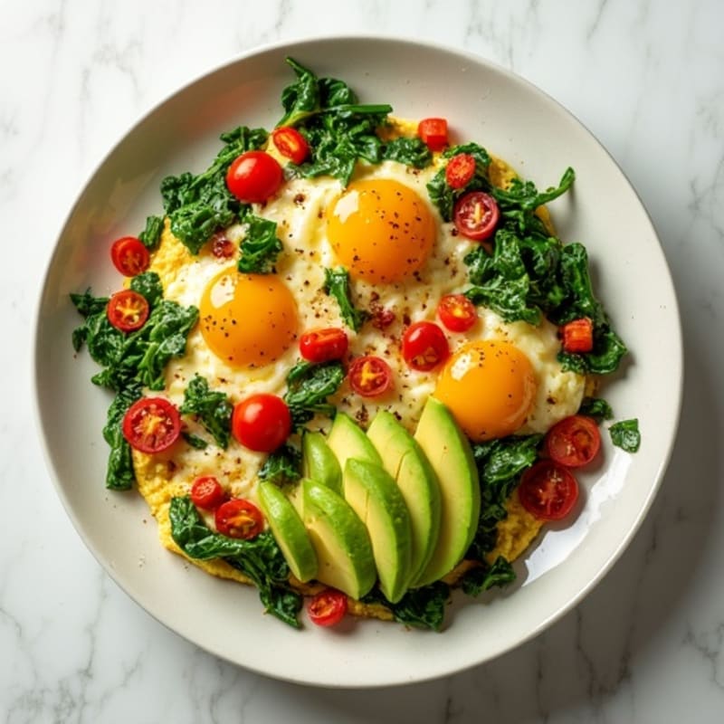 Egg White Spinach Scramble with Sautéed Tomatoes and Avocado