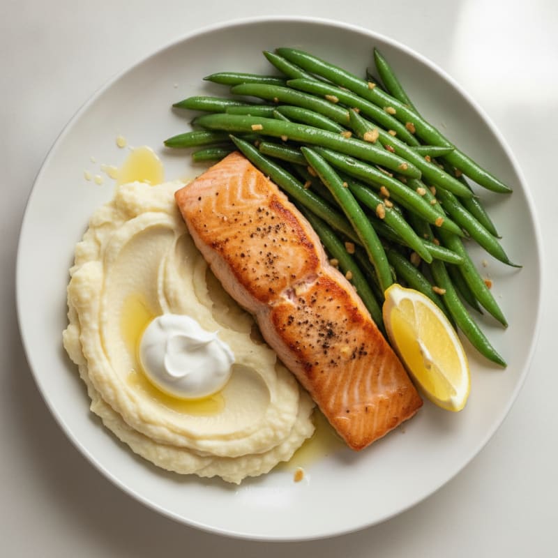 Seared Salmon with Garlic Green Beans and Cauliflower Mash