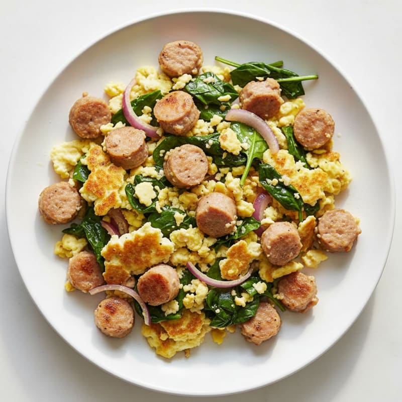Crispy Egg White and Turkey Sausage Scramble with Spinach
