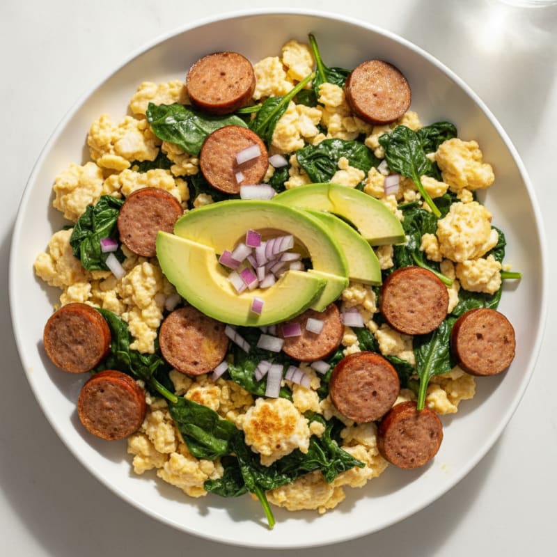 Egg White Scramble with Turkey Sausage and Sautéed Spinach