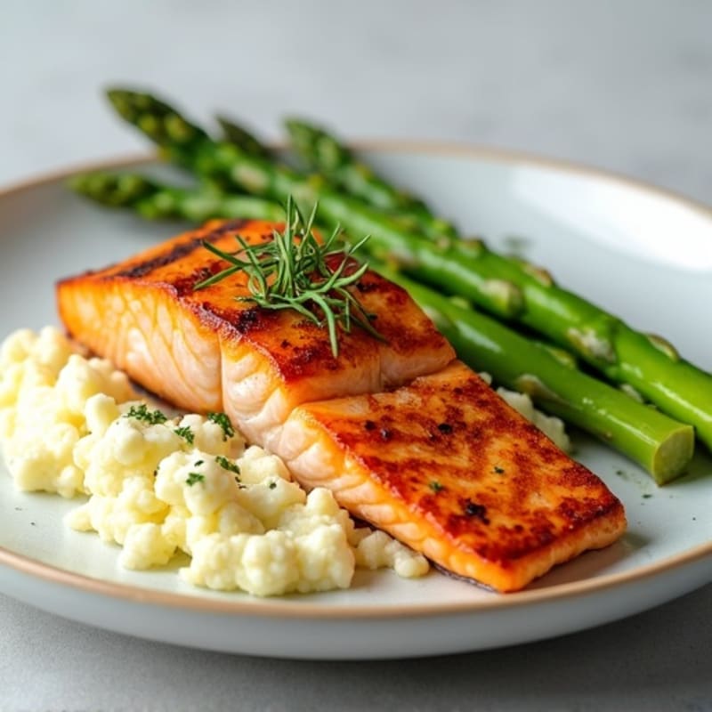 Seared Salmon with Steamed Asparagus and Cauliflower Mash