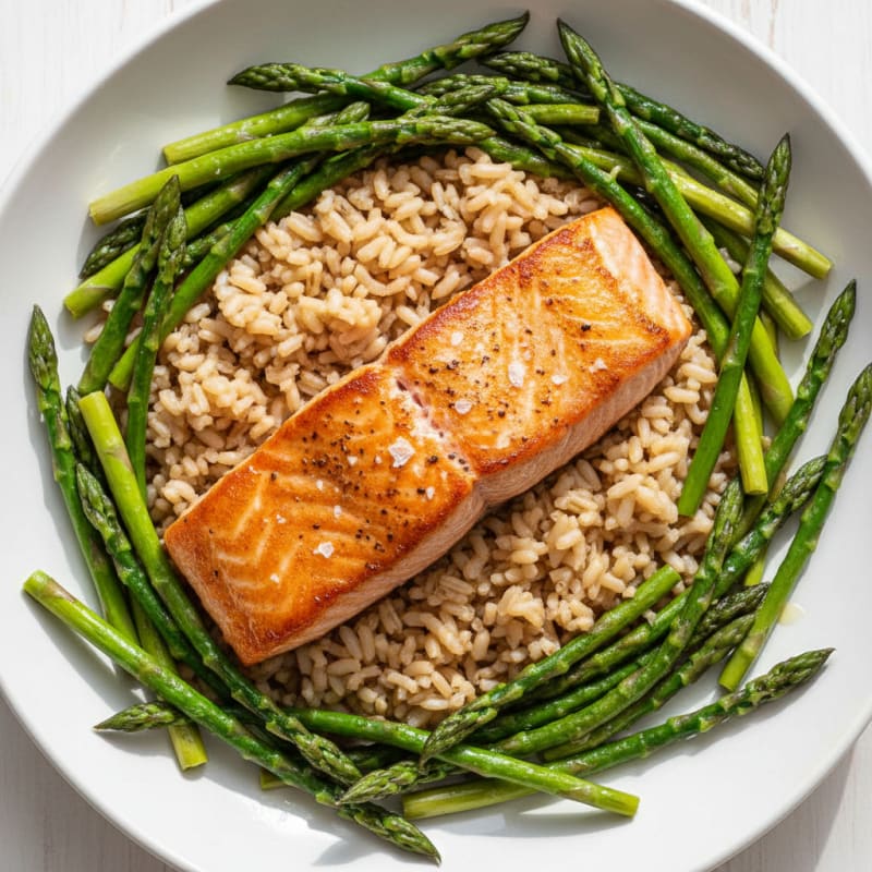 Seared Salmon Fillet with Steamed Asparagus and Brown Rice