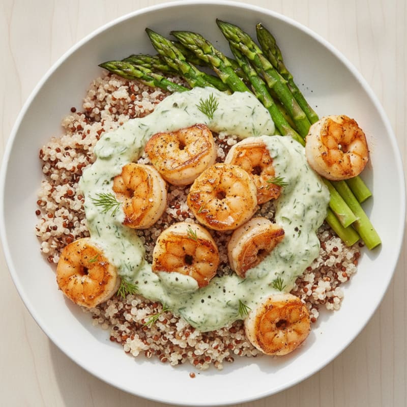 Shrimp and Asparagus Grain Bowl with Creamy Dill Sauce