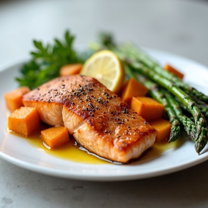 Seared Salmon with Roasted Sweet Potato and Asparagus