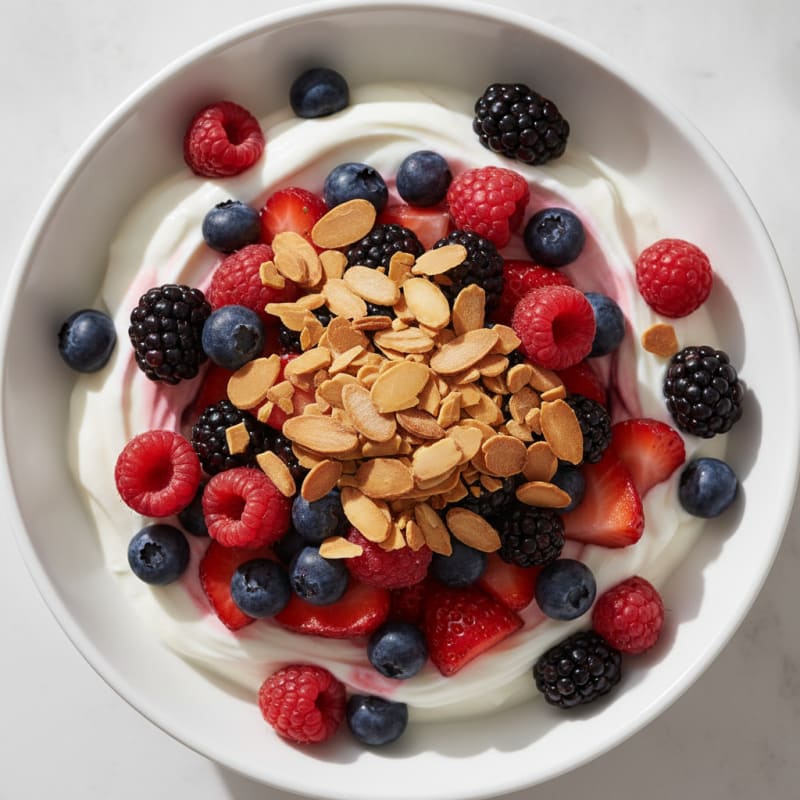 Greek Yogurt Protein Parfait with Mixed Berries and Almonds