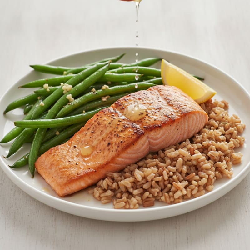 Seared Salmon with Garlic Green Beans and Brown Rice