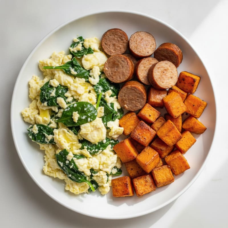 Egg White Spinach Scramble with Turkey Sausage and Roasted Sweet Potato