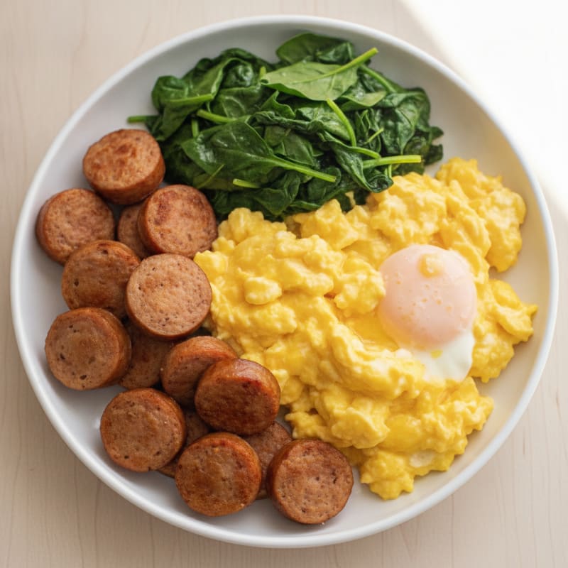 Creamy Scrambled Eggs with Chicken Sausage and Sautéed Spinach