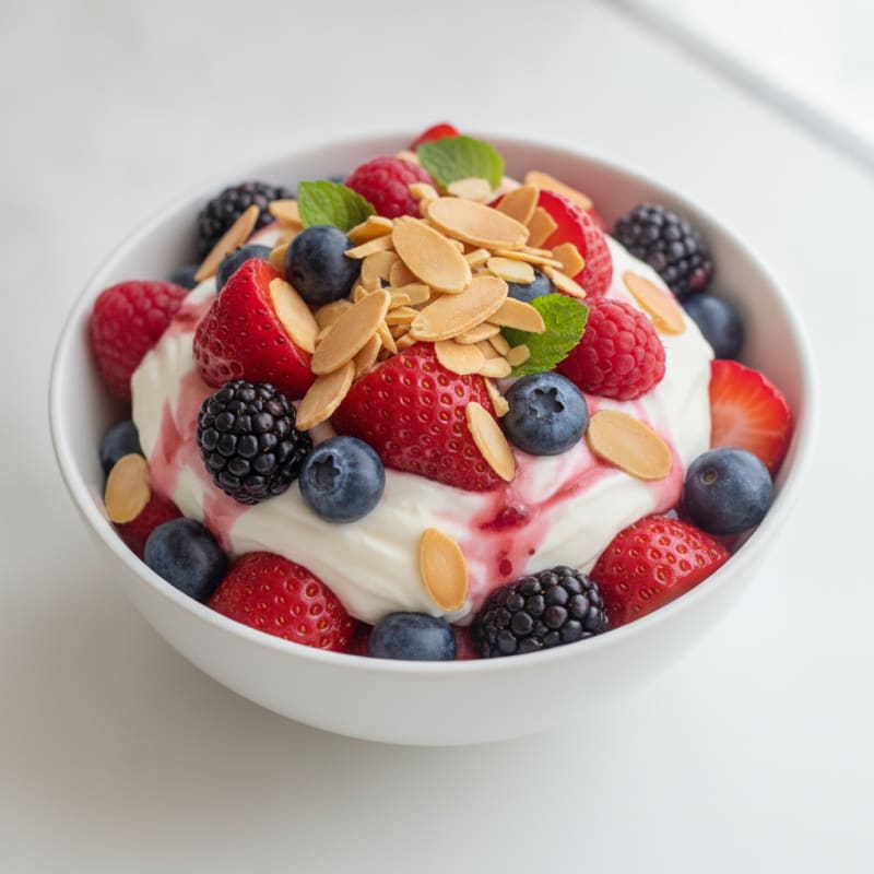 Greek Yogurt Protein Parfait with Mixed Berries and Almonds