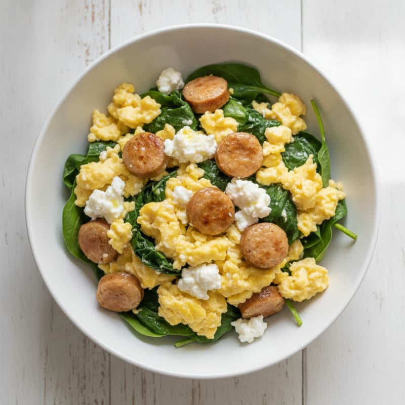 Cottage Cheese Scramble with Spinach and Chicken Sausage