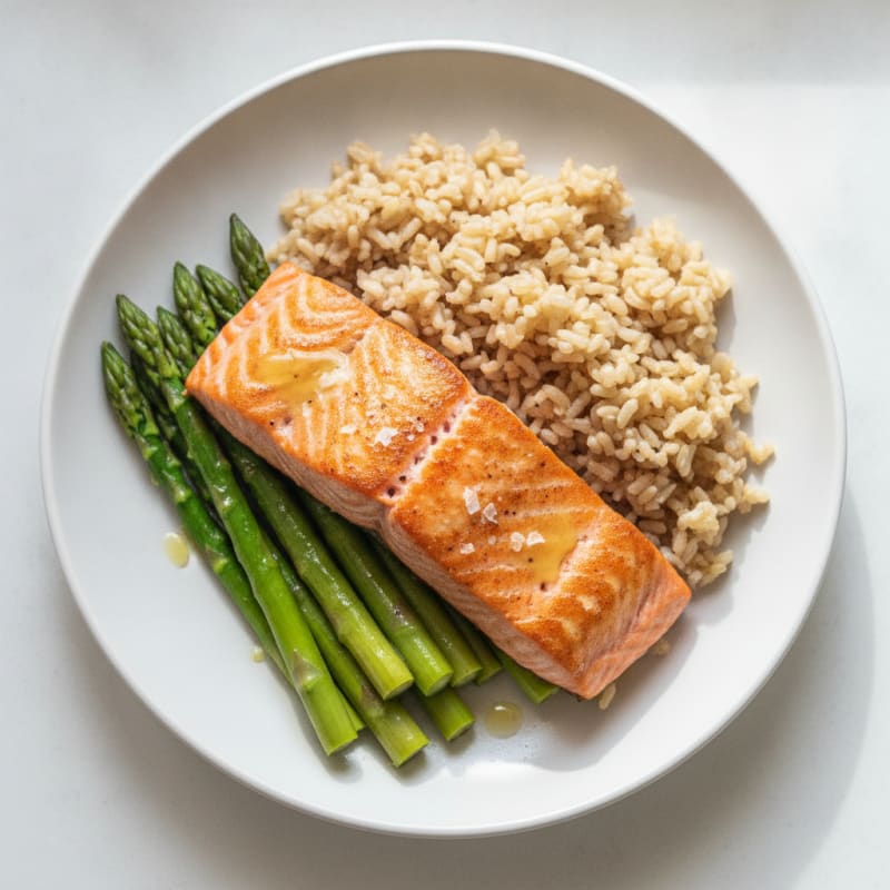 Seared Salmon with Steamed Asparagus and Brown Rice
