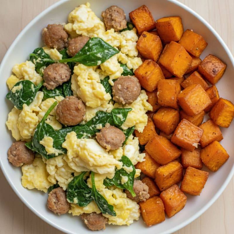 Egg White and Chicken Sausage Scramble with Spinach and Roasted Sweet Potatoes