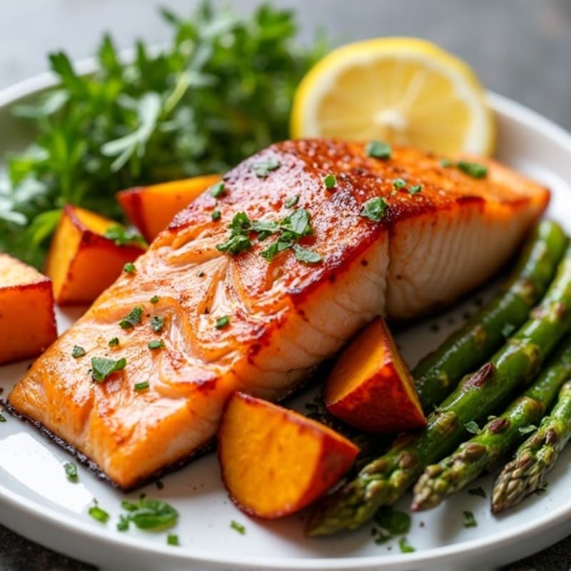 Seared Salmon with Roasted Sweet Potato and Asparagus